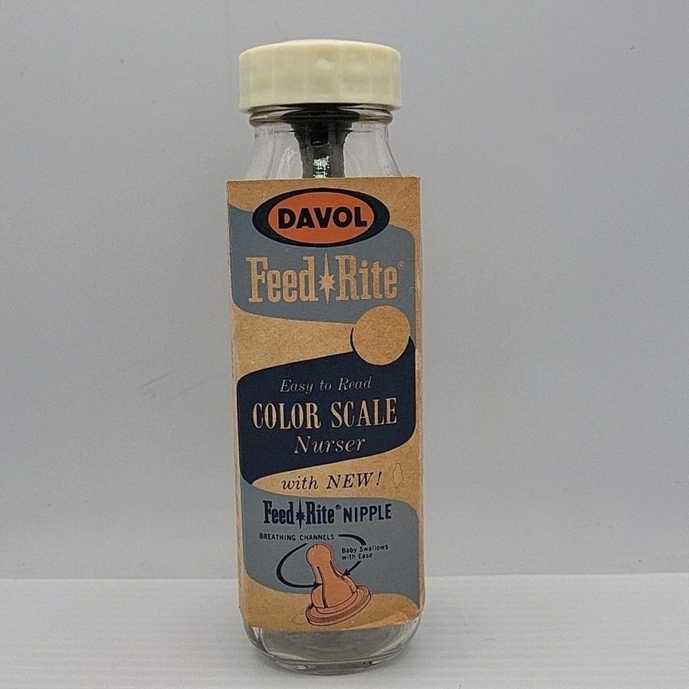 Vintage Davol Feed Rite Nurser 8oz Glass Baby Bottle with Nipple and Sleeve